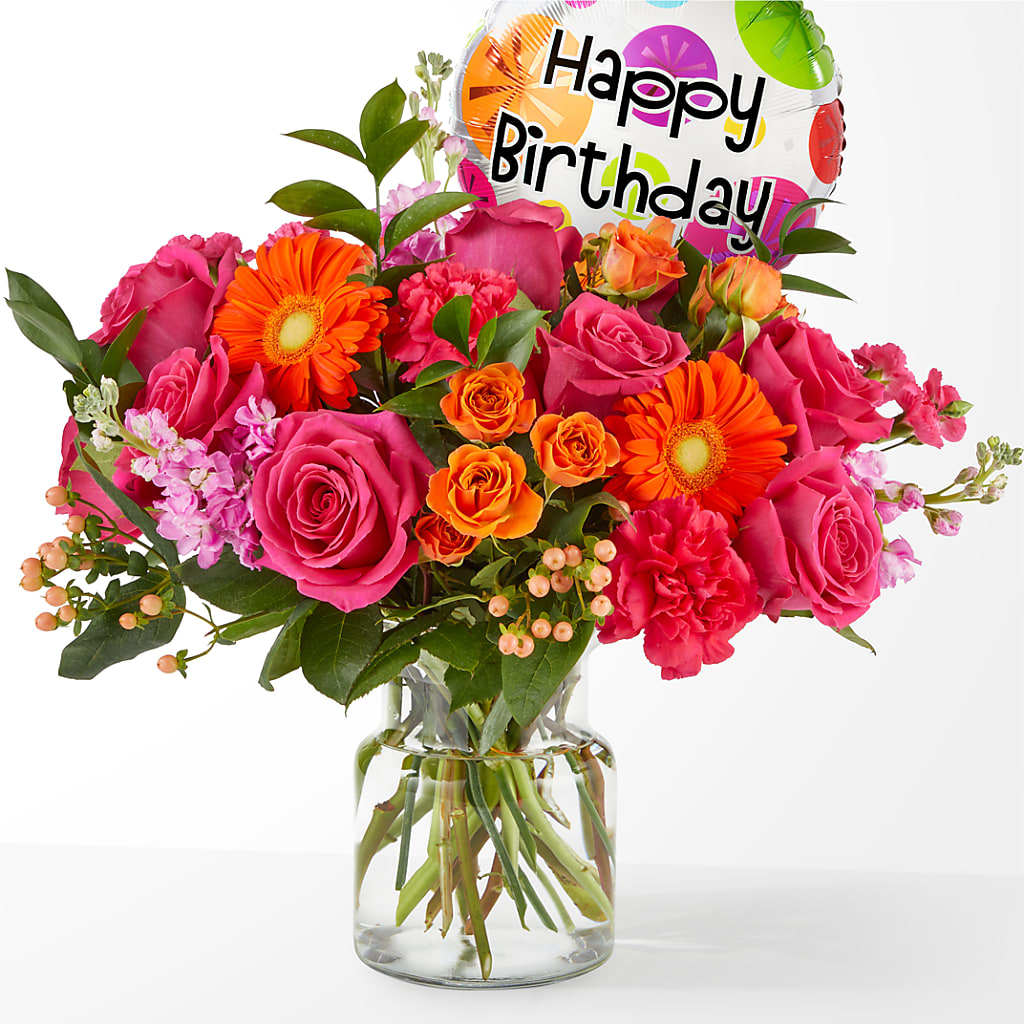 Fiesta Bouquet with Birthday Balloon – KAREN'S AND TINA'S FLOWERS, Newmarket ON