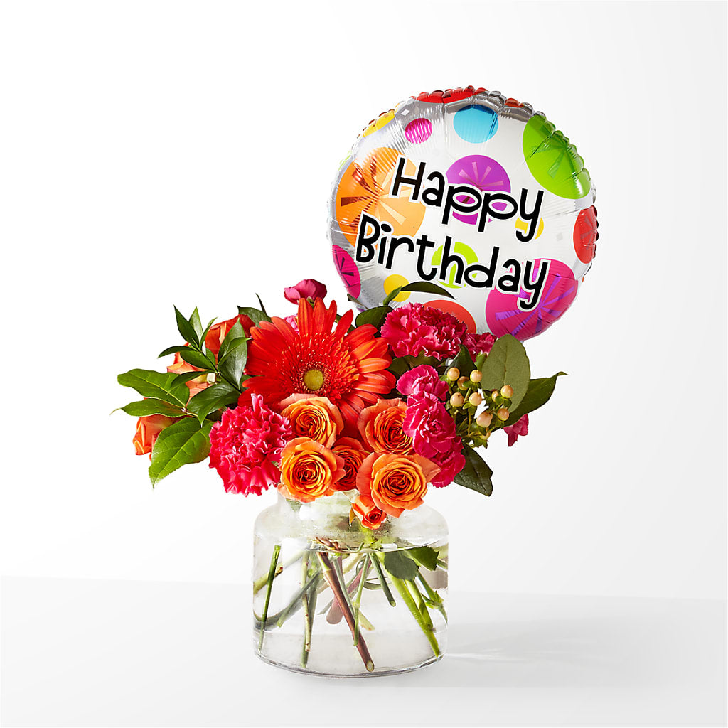 Fiesta Bouquet with Birthday Balloon – KAREN'S AND TINA'S FLOWERS, Newmarket ON