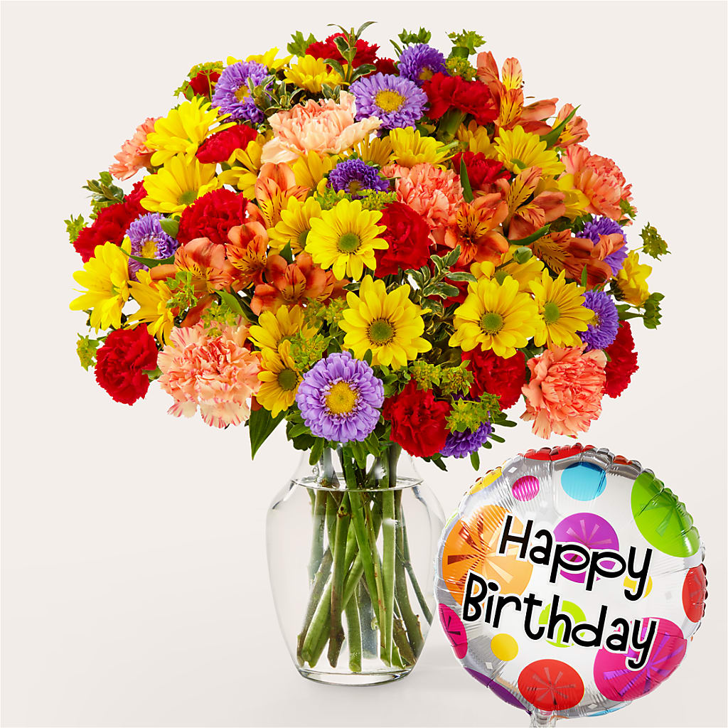 Kaleidoscope Bouquet with Birthday Balloon – KAREN'S AND TINA'S FLOWERS, Newmarket ON