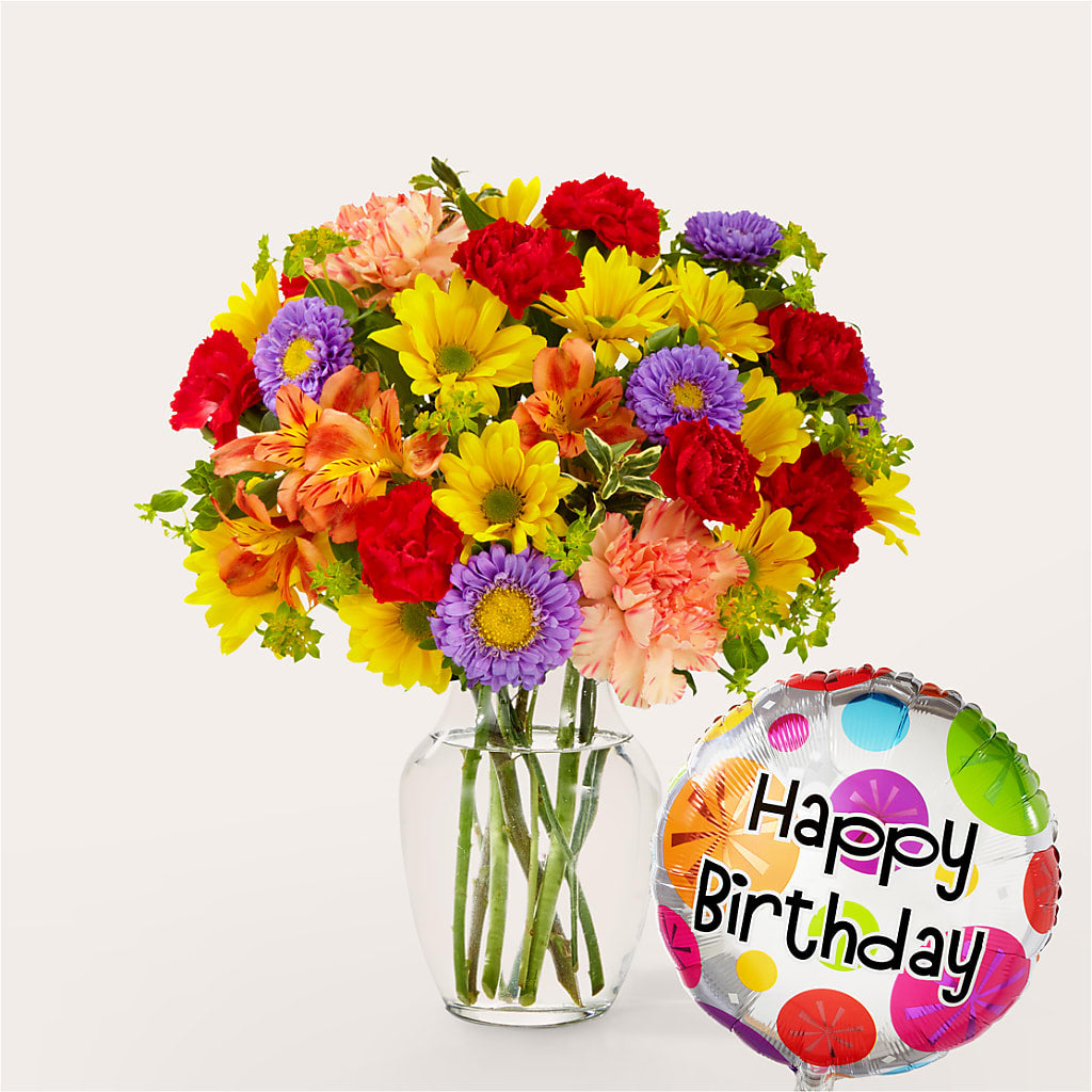 Kaleidoscope Bouquet with Birthday Balloon – KAREN'S AND TINA'S FLOWERS, Newmarket ON