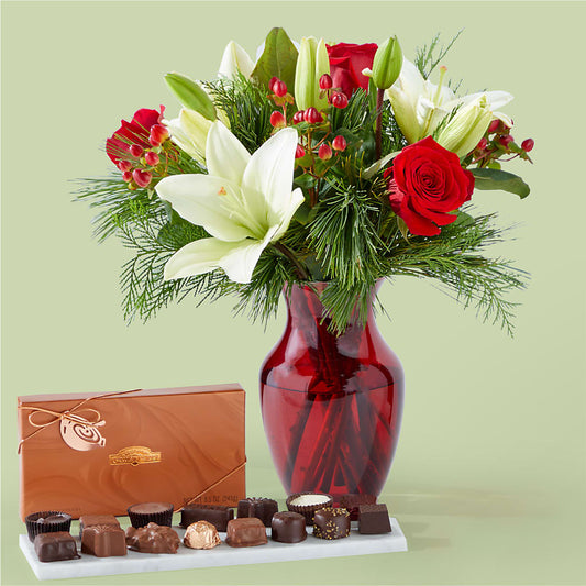 Set de regalo de chocolate y ramo Evergreen Delight